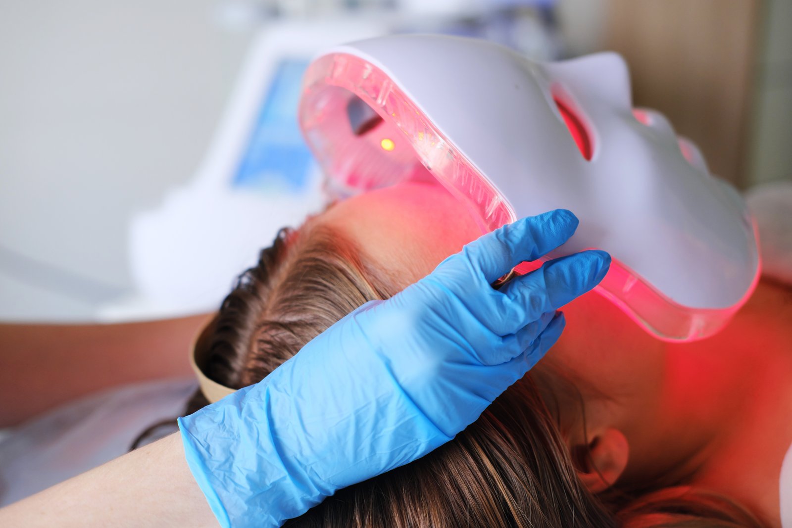 Clinical LED face mask light therapy treatment for skin rejuvenation and acne